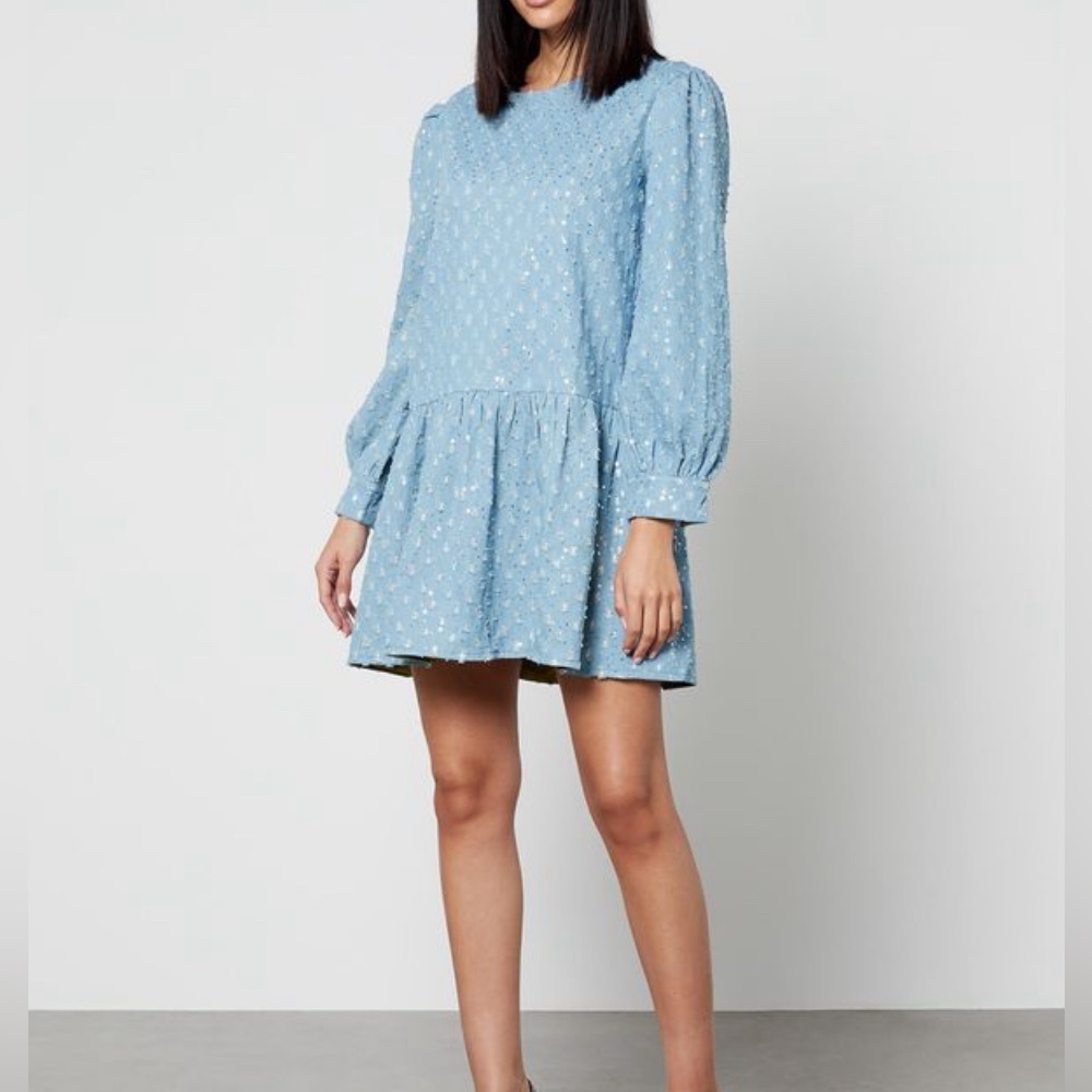 Never Fully Dressed | NWOT - Minnie Distressed Sequin Denim Dress - Size 10